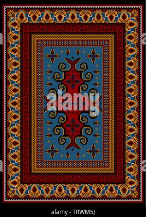 Vintage luxurious carpet with red and yellow ethnic patterns with a blue field in the center Stock Vector