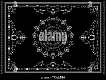 Vintage silver frame from patterns  with twisted  calligraphy stripes and crowns on black background Stock Vector