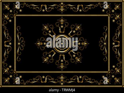 Vintage gold frames from dotted stripes, with pattern on border of gold twisted stripes and crowns on black background Stock Vector