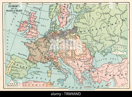 Map of Europe after the Peace of Tilsit, Napoleonic Wars, 1807. Color lithograph Stock Photo
