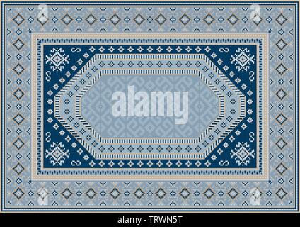 Vintage luxury oriental carpet in bluish tones with patterns of navy blue, beige and yellow color Stock Vector