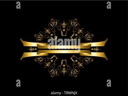 Vintage oval gold frame of calligraphic twisted details with crown and double ribbon on black background Stock Vector