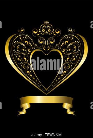 Gold frame in the shape of a heart decorated with calligraphically curled details and flowers over a gold ribbon on black background Stock Vector