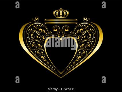 Tender double ribbon with crown from up a gold heart-shaped frame and with pattern of calligraphically curled details on a black background Stock Vector