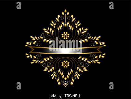 Gold frame with leaf and curled details around silver ribbon with gold frame on black background Stock Vector