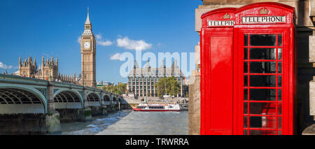 London symbols, Big Ben and Red Phone Booths with boat on river in England, UK Stock Photo