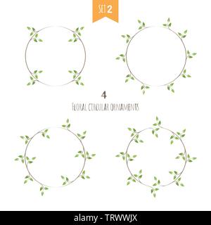 Floral circular ornaments second set. Four flat ivy vector illustration Stock Vector