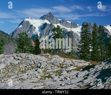 USA, Washington, West face of Mt. Shuksan in North Cascades National Park, viewed from adjacent Mt. Baker Snoqualmie National Forest. Stock Photo