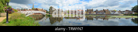 Panorama of the Causeway, Town Offices and Chinese Bridge at Godmanchester Cambridgeshire England, Stock Photo