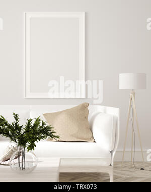 Poster, wall mockup in beige interior with white sofa, wooden table and plants, Scandinavian style, 3d render Stock Photo