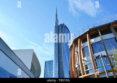 Milan/Italy - March, 28, 2015: View to futuristic Unicredit Pavilion during its construction period and Unicredit tower in background. Stock Photo