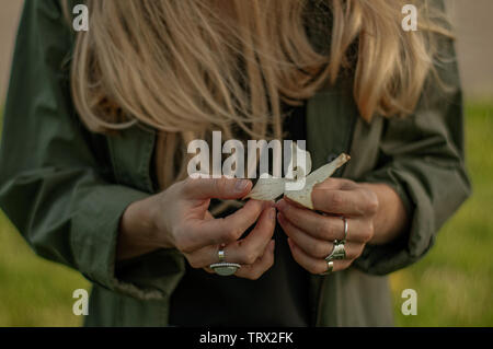 Beautiful woman with long hair holding flower in hand. Hands with rings stylish boho accessories. No focus Stock Photo