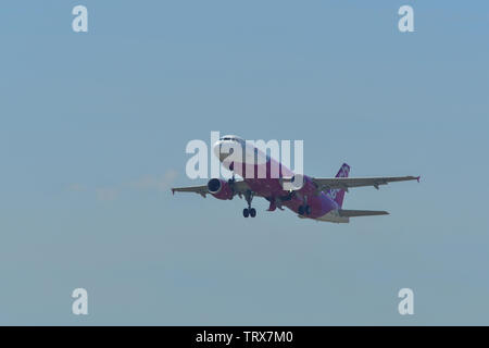 Osaka, Japan - Apr 18, 2019. Peach Aviation JA817P (Airbus A320) taking off from Kansai Airport (KIX) in Osaka, Japan. Stock Photo