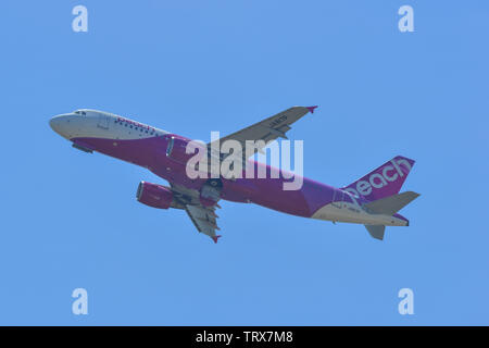 Osaka, Japan - Apr 18, 2019. Peach Aviation JA817P (Airbus A320) taking off from Kansai Airport (KIX) in Osaka, Japan. Stock Photo