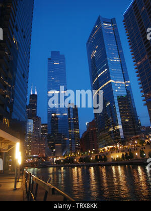 CHICAGO, IL  - JULY 28, 2018: Some of the famous skyscrapers of Chicago, including the sparkling River Point,  stretch out along the length of the Chi Stock Photo