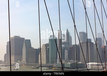 New York city skyline. Manhattan skyscrapers, Hudson river and blue sky in a spring day. View from Brooklyn bridge Stock Photo