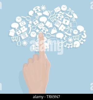 Realistic Hand Pointing at Cloud Computing Icons - All shading on hand done with solid colors Stock Vector