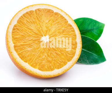 Orange fruit and orange leaf isolated on white background. Stock Photo