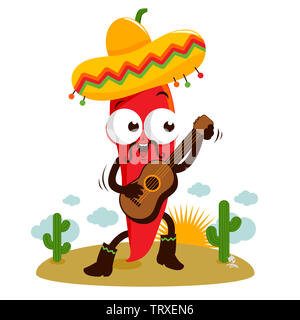 Illustration of a happy mariachi chili pepper playing the guitar, singing and dancing in the Mexican desert. Stock Photo