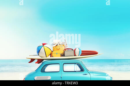 Small retro car with baggage, luggage and beach equipment on the roof, fully packed, ready for summer vacation, concept of a road trip with family and Stock Photo
