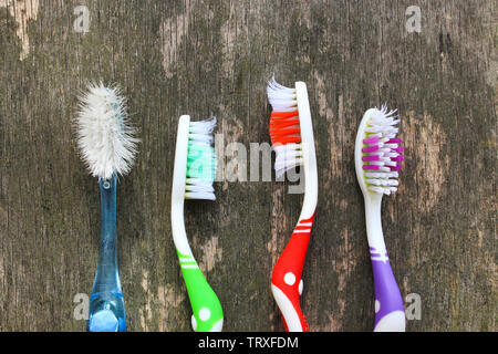 lay toothbrushes wooden flat close background toothbrush bristles bent worn wood alamy counter