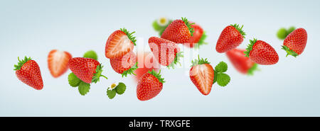 Strawberry isolated on gray background, falling strawberries Stock Photo