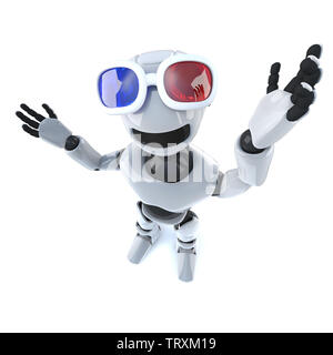 3d render of a funny cartoon robot mechanical man wearing 3d glasses Stock Photo