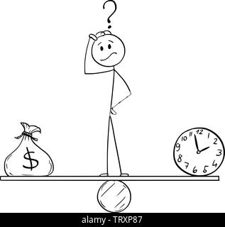 Vector cartoon stick figure drawing conceptual illustration of man or businessman standing on seesaw between clock and bag with dollar symbol and balancing money and time. Stock Vector