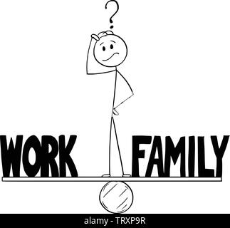 Vector cartoon stick figure drawing conceptual illustration of man or businessman thinking and standing on seesaw and balancing time between work and family. Stock Vector