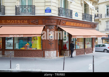 PARIS, FRANCE - JULY 22, 2017: Hermes fashion luxury store in avenue George V in Paris, France. Stock Photo