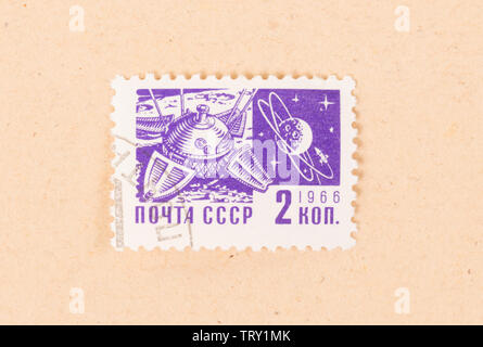 CCCP - CIRCA 1966: A stamp printed in the CCCP shows the CCCP space program, circa 1966 Stock Photo