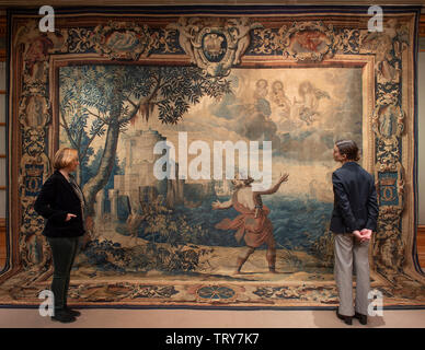 London Art Week, UK. 13th June 2019. Ahead of London Art Week (27th June-5th July), some of the wide range of important works are previewed. Image: S Franses present a monumental tapestry commissioned by Charles I between 1620-1625 while he was still Prince of Wales and woven at Royal Mortlake Tapestry factory near Barnes, last seen at the Metropolitan Museum in New York in 1919, and now returned to London. Credit: Malcolm Park/Alamy Live News. Stock Photo