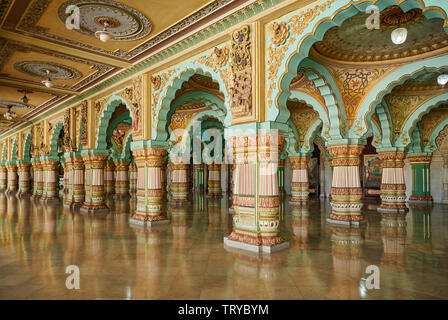 Audience hall, Public Durbar Hall, interior shot of Mysore Palace or ambavilas palace, Mysore, Hassan, Karnataka, India Stock Photo