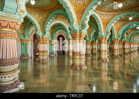 Audience hall, Public Durbar Hall, interior shot of Mysore Palace or ambavilas palace, Mysore, Hassan, Karnataka, India Stock Photo