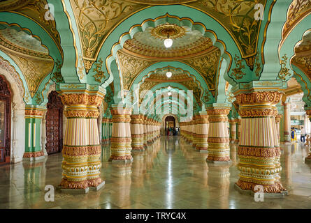 Audience hall, Public Durbar Hall, interior shot of Mysore Palace or ambavilas palace, Mysore, Hassan, Karnataka, India Stock Photo