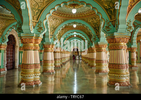 Audience hall, Public Durbar Hall, interior shot of Mysore Palace or ambavilas palace, Mysore, Hassan, Karnataka, India Stock Photo