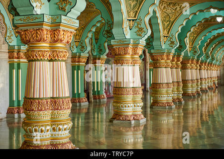 Audience hall, Public Durbar Hall, interior shot of Mysore Palace or ambavilas palace, Mysore, Hassan, Karnataka, India Stock Photo