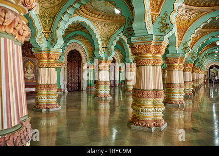 Audience hall, Public Durbar Hall, interior shot of Mysore Palace or ambavilas palace, Mysore, Hassan, Karnataka, India Stock Photo