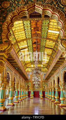 colorful columns in Private Durbar Hall, interior shot of Mysore Palace or ambavilas palace, Mysore, Hassan, Karnataka, India Stock Photo