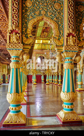 colorful columns in Private Durbar Hall, interior shot of Mysore Palace or ambavilas palace, Mysore, Hassan, Karnataka, India Stock Photo