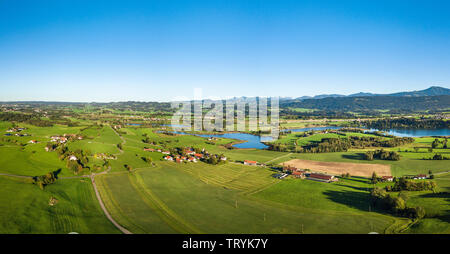 Scenic aerial view to Allgäuer Seen Land in late summertime Stock Photo