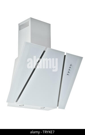 New luxurious white kitchen exhaust hood with glass surface, lighting and controls on isolated background Stock Photo