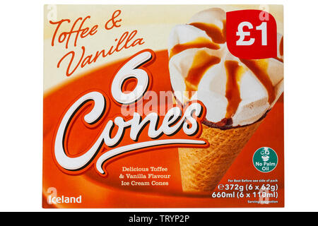 Box of Iceland Toffee & Vanilla 6 Cones delicious toffee & vanilla flavour ice cream cones isolated on white background Stock Photo