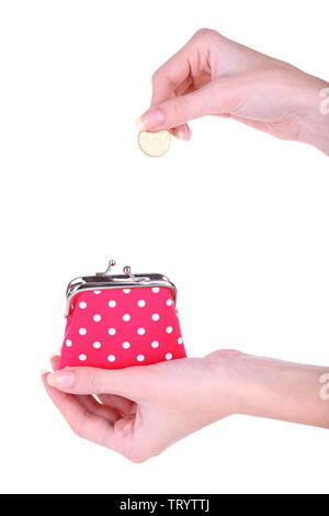 Female hand holding pink purse isolated on white Stock Photo