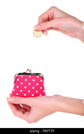 Female hand holding pink purse isolated on white Stock Photo