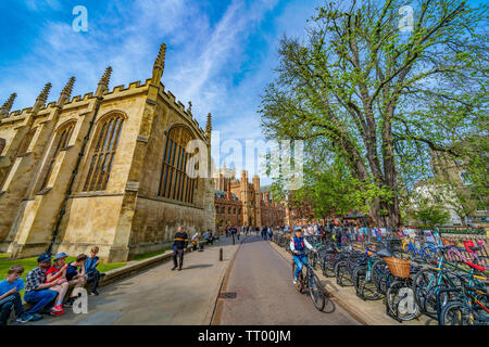 CAMBRIDGE, UNITED KINGDOM - APRIL 18: Old town street with traditional British architecture in Cambridge on April 18, 2019 Stock Photo