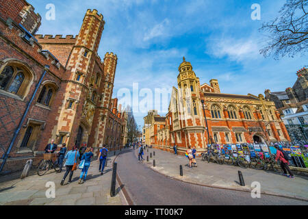 CAMBRIDGE, UNITED KINGDOM - APRIL 18: Old town street with traditional British architecture in Cambridge on April 18, 2019 Stock Photo