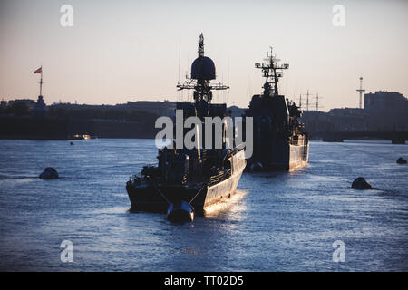 A line of modern russian military naval battleships, frigates, warships in the row, northern fleet and baltic sea fleet preparing to military parade Stock Photo