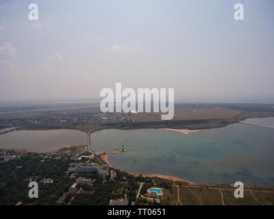 Top view of the lake, separated by an isthmus. Crimea, Russia. Stock Photo