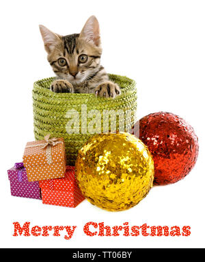 Little kitten with Christmas decorations isolated on white Stock Photo